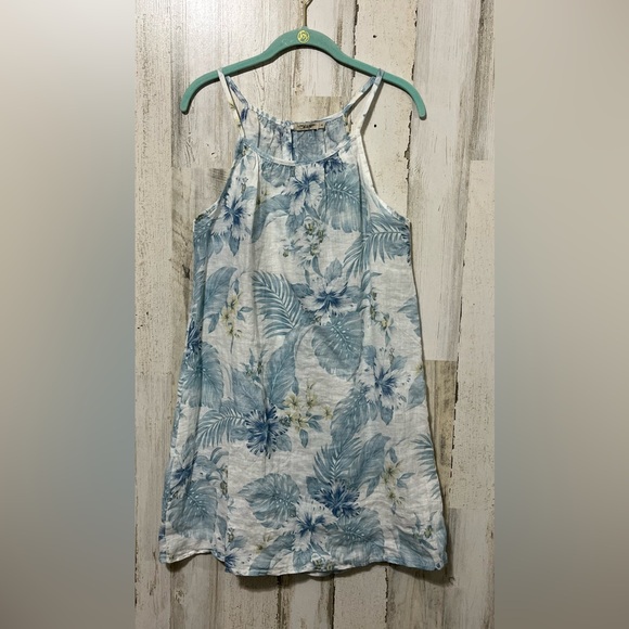Lungo L’Arno Dresses & Skirts - Lungo L’Arno Linen Blue and White Tropical Palm Tree Sleeveless A-Line Dress